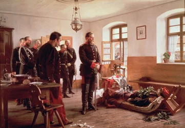 Kronprinz Friedrich am Leichnam von General Douay in der Schlacht bei Weißenburg, 1870